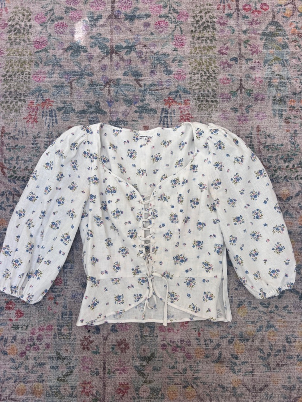 Reformation White Lace-Up Floral Blouse with Blue Print